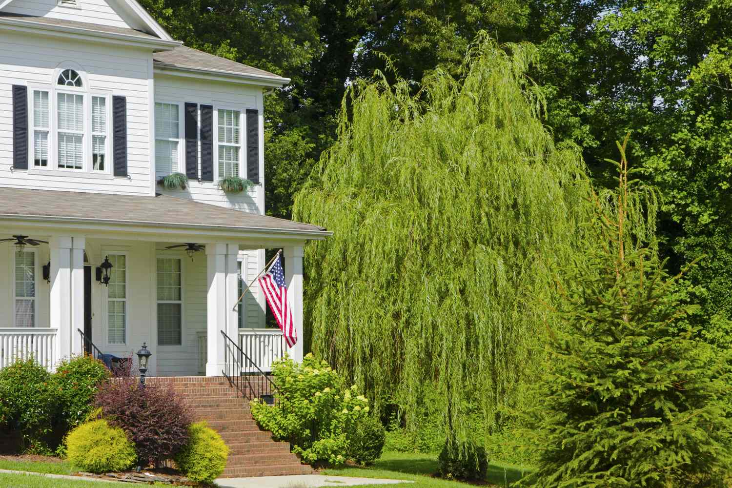 A house with a front porch surrounded by green trees and bushes and a flag displayed beside the steps