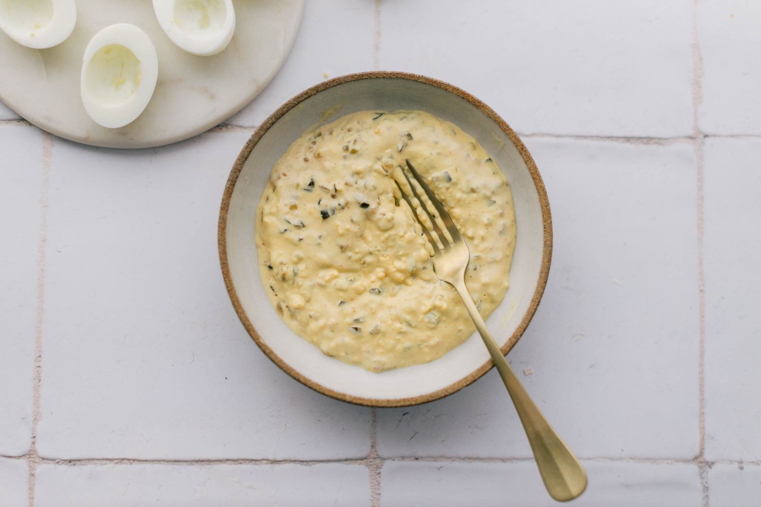 Small bowl with mayo-mustard-egg yolk mixture