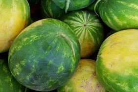 stack of watermelons showing their yellow field spot
