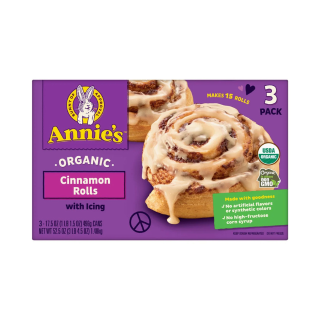 Packaging for Annies organic cinnamon rolls with icing 3 pack highlighting USDA organic