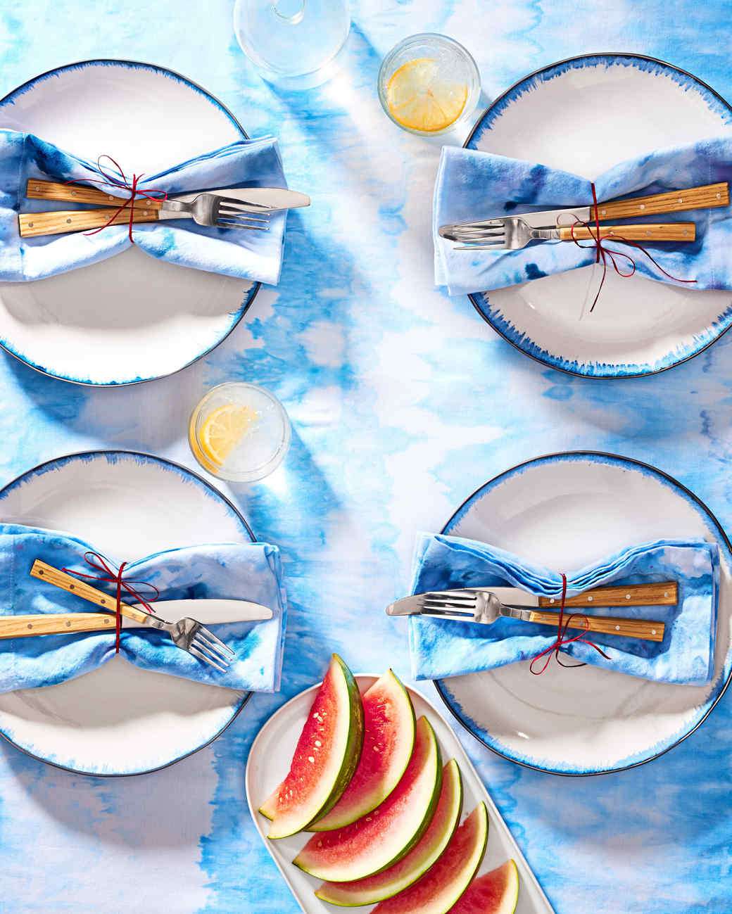 blue ice dyed table cloth and napkins