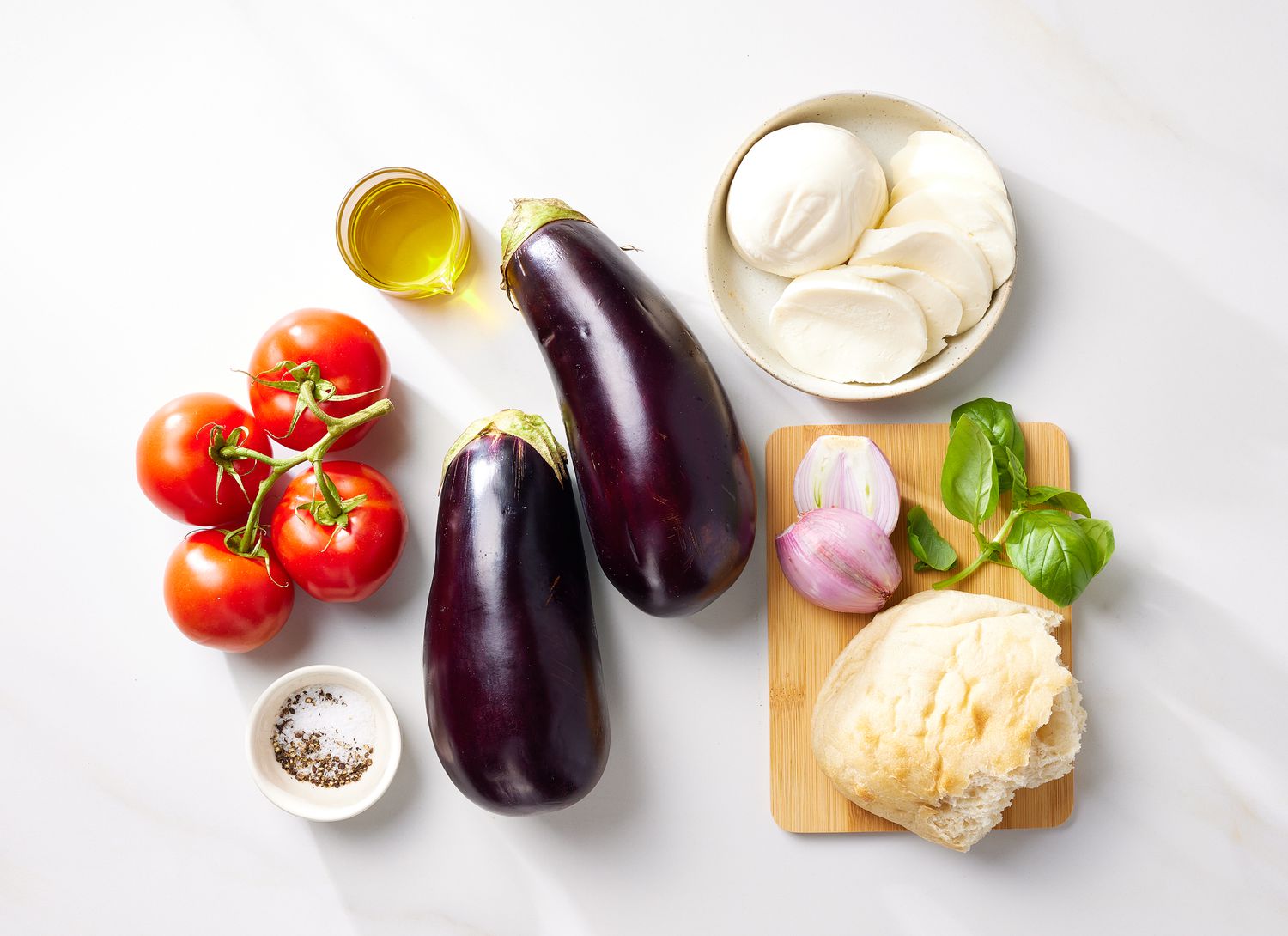 overhead view of ingredients for eggplant parmesan