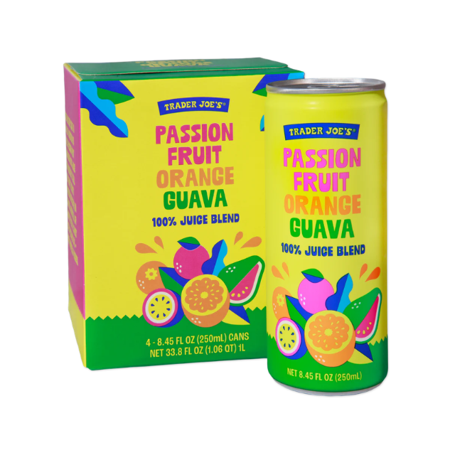 Trader Joes juice Passion Fruit Orange Guava blend packaging highlights tropical fruit illustrations