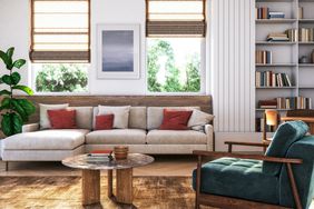 Updated living room with vintage furniture, accent pillows