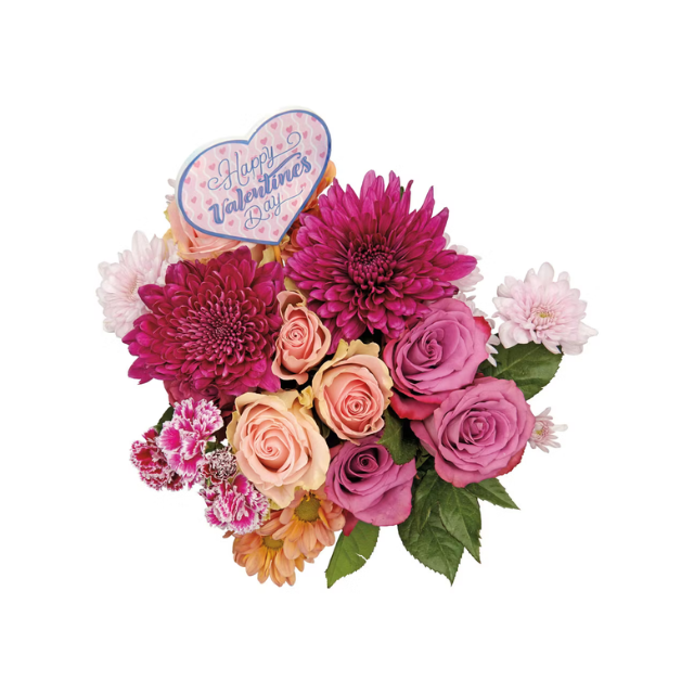 A bouquet of flowers with a Happy Valentines Day message sign