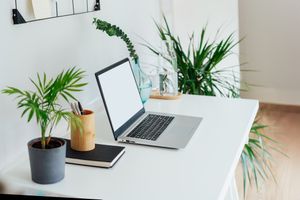 A minimalist desk setup with a laptop, notebook, and potted plants