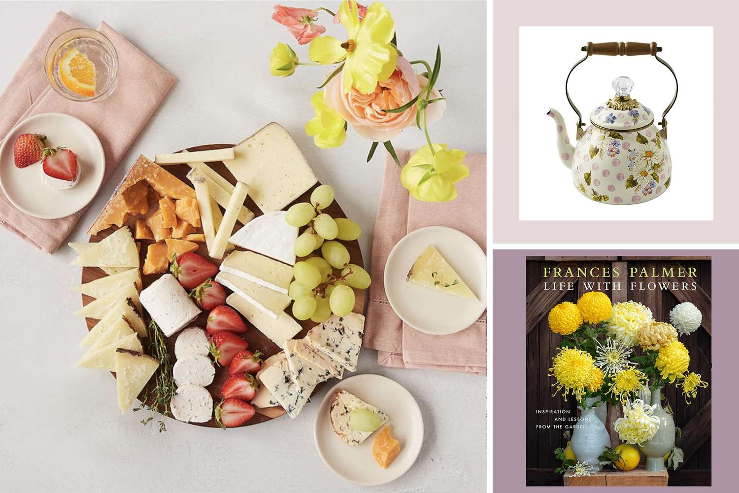 composite showing cheese board, tea pot, and book