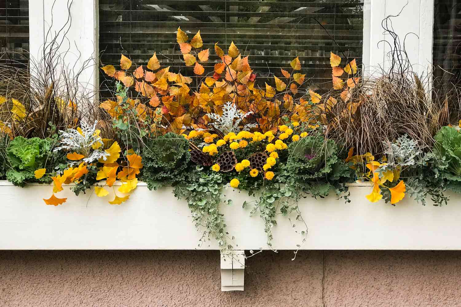 Fall window box with plants and flowers