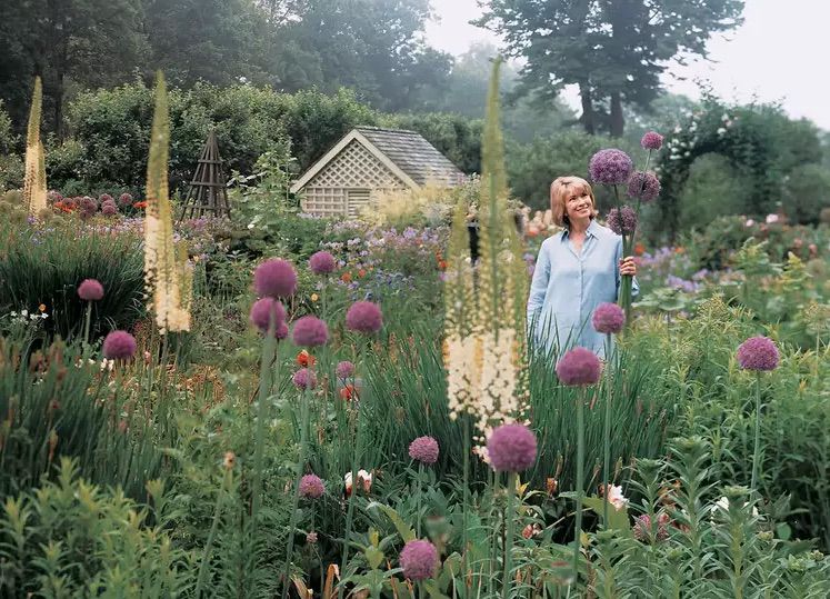 decorvow in garden holding allium flowers