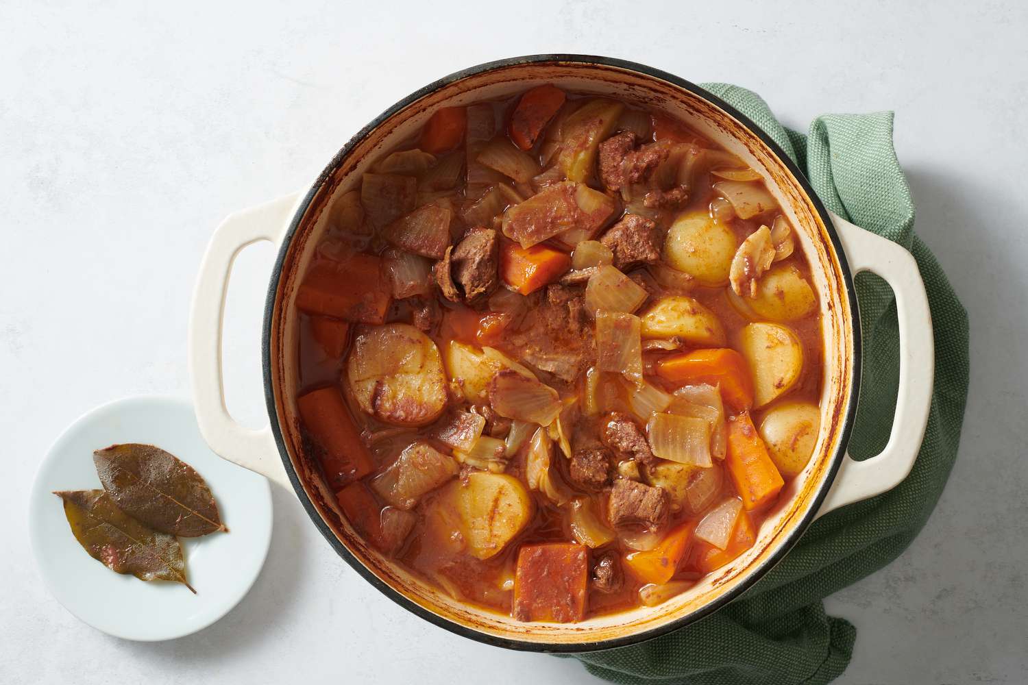 Finished beef stew with bay leaves removed