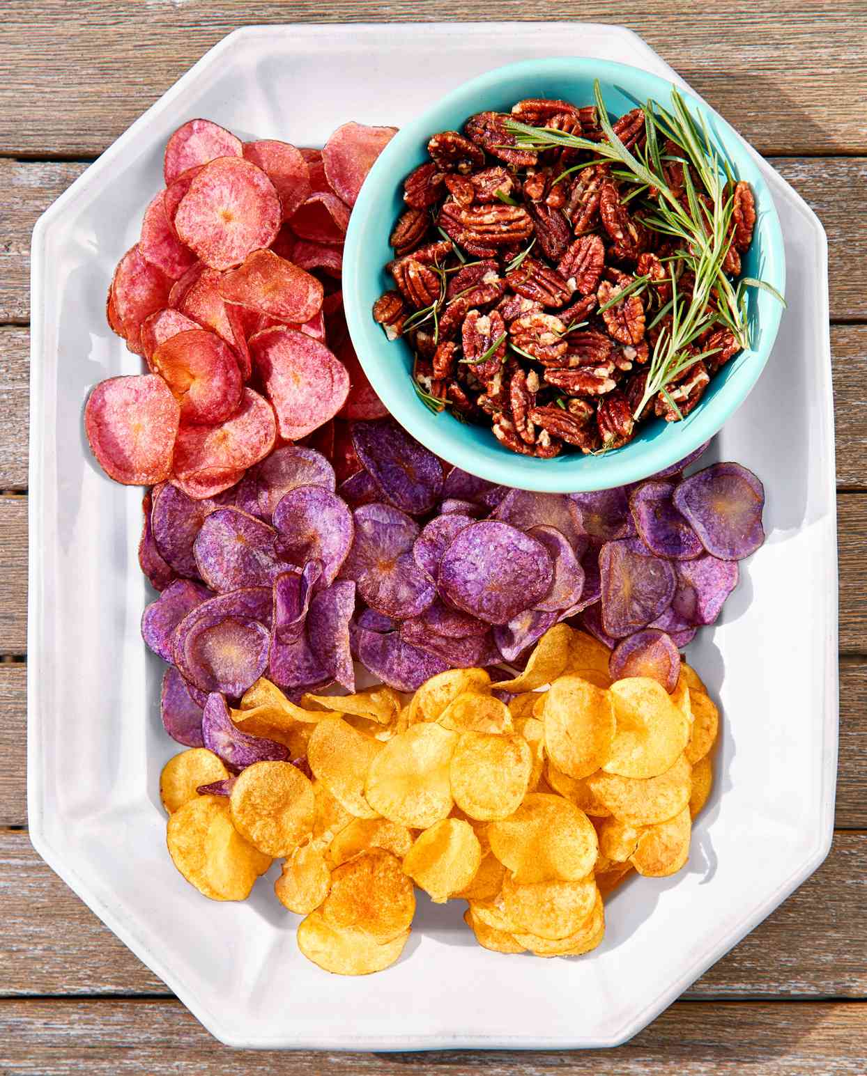 Herb-Roasted Pecans with Red, White, and Blue Potato Chips