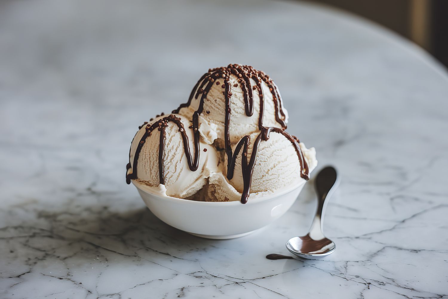 bowl with 3 scoops of vanilla ice cream drizzled with chocolate sauce