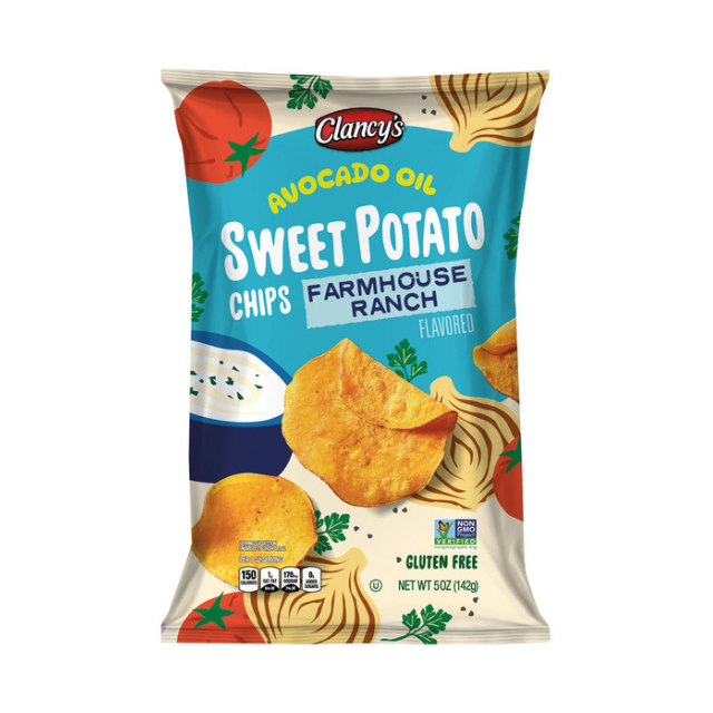 A package of Clancys sweet potato chips avocado oil and farmhouse ranch flavored