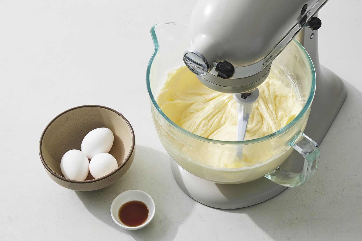 Overhead view of mixer and ingredients