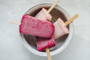 Homemade, bright ice cream on the table. Close-up, view from above. 