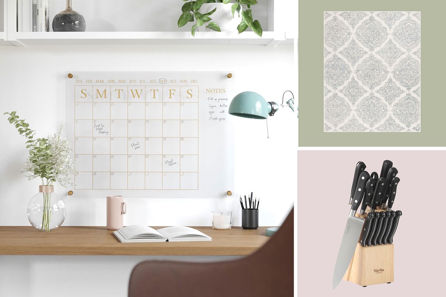A collage featuring an organized desk with a calendar a patterned decor piece and a knife block with various knives