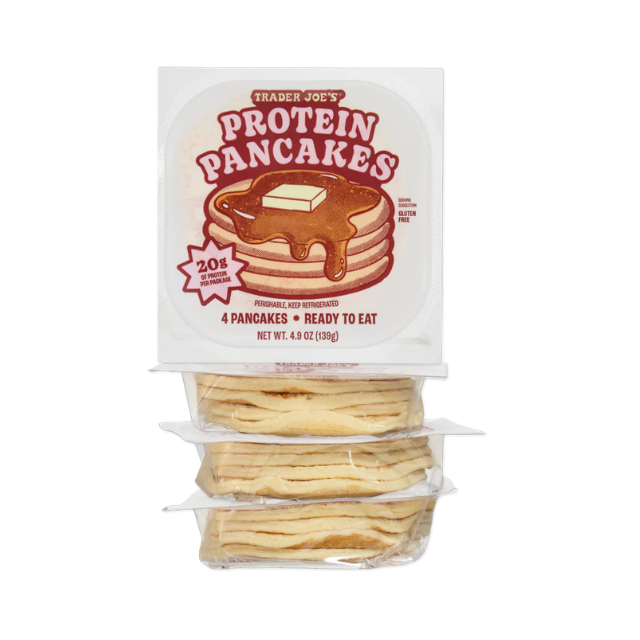 Trader Joes Protein Pancakes packaging 4 readytoeat pancakes with butter and syrup illustration on the label