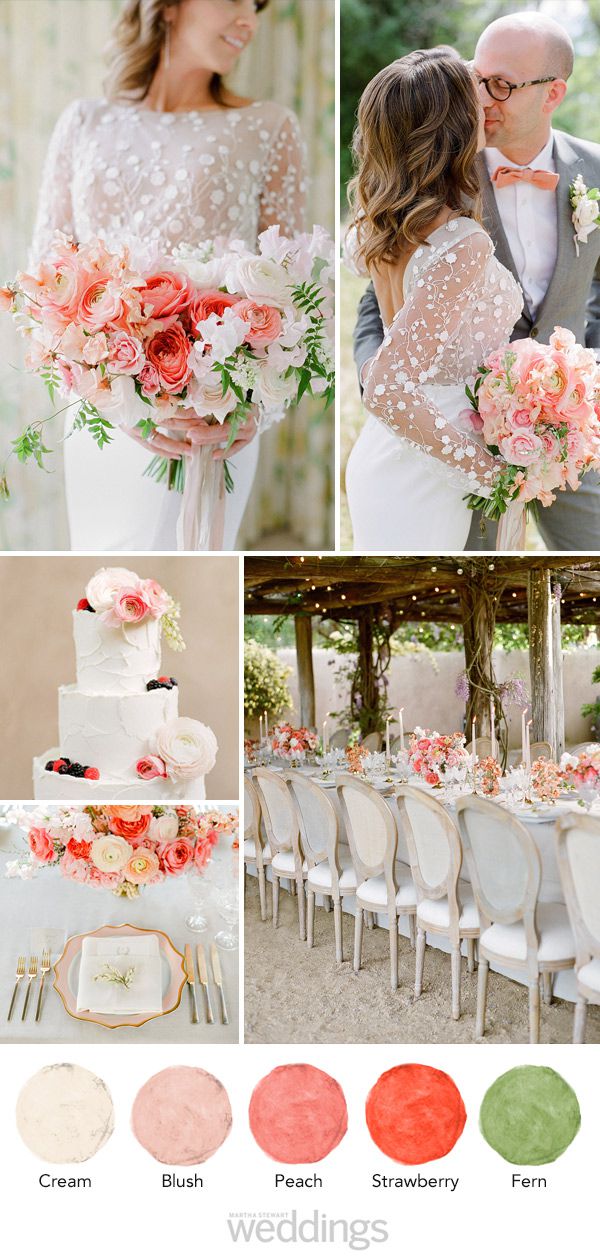 wedding color palette mood board cream, blush, peach, strawberry, fern