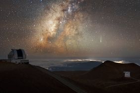 An observatory on a mountain under a starfilled sky with the Milky Way visible clear nighttime astronomy depiction