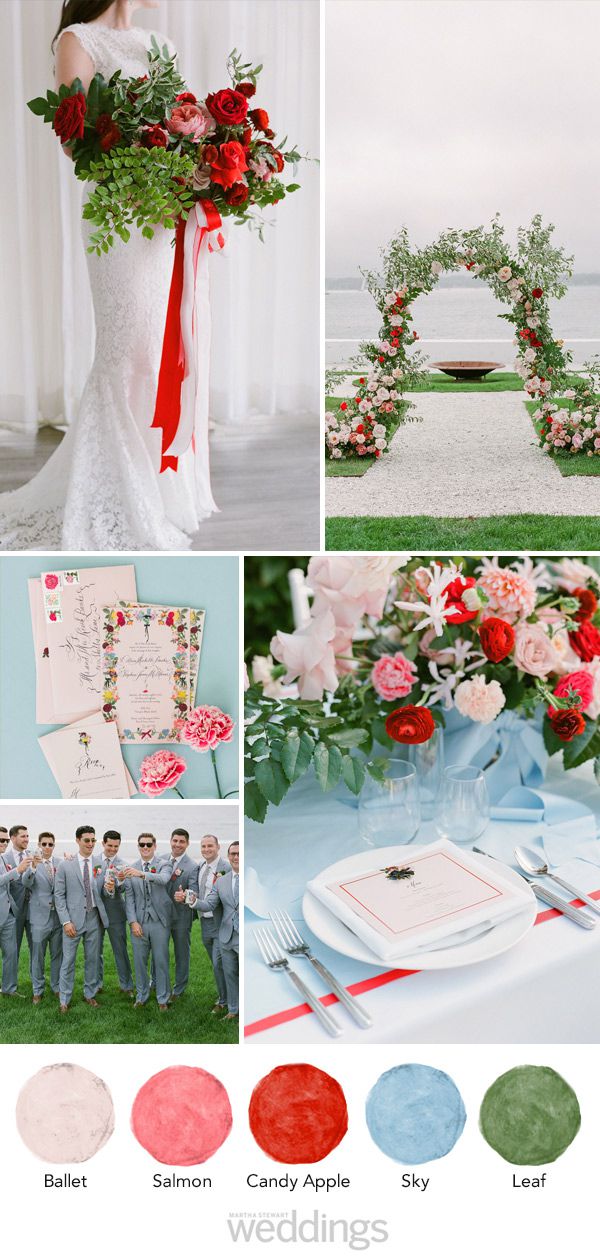 wedding color palette mood board ballot, salmon, candy apple, sky, leaf