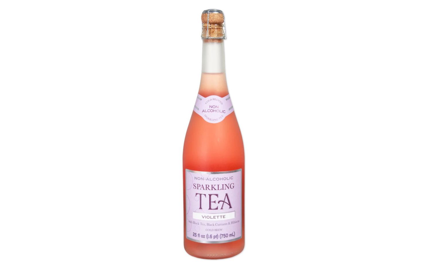 A bottle of nonalcoholic sparkling tea labeled Violette with a cork top