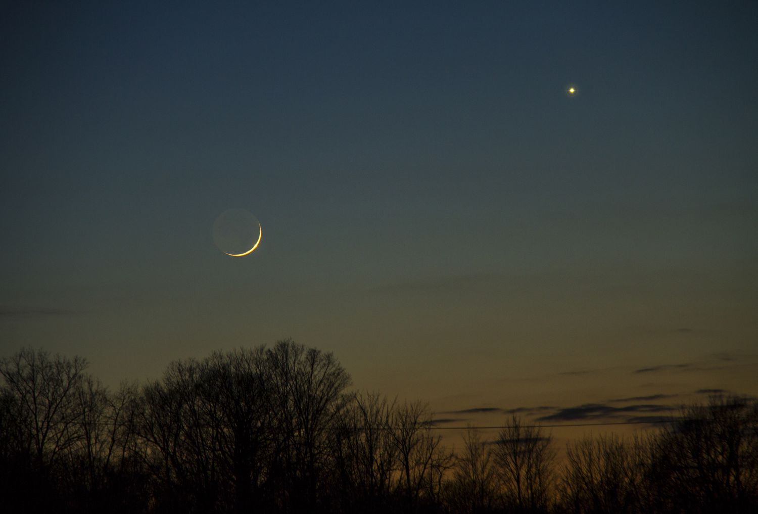 A conjunction of the planets and the moon in a twilight winter sky