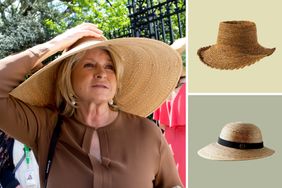 decorvow wearing a large straw hat alongside two smaller straw hats on a display