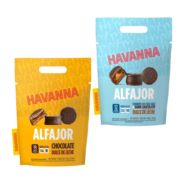 Two packages of Havanna alfajores one chocolate flavor and one with sea salt