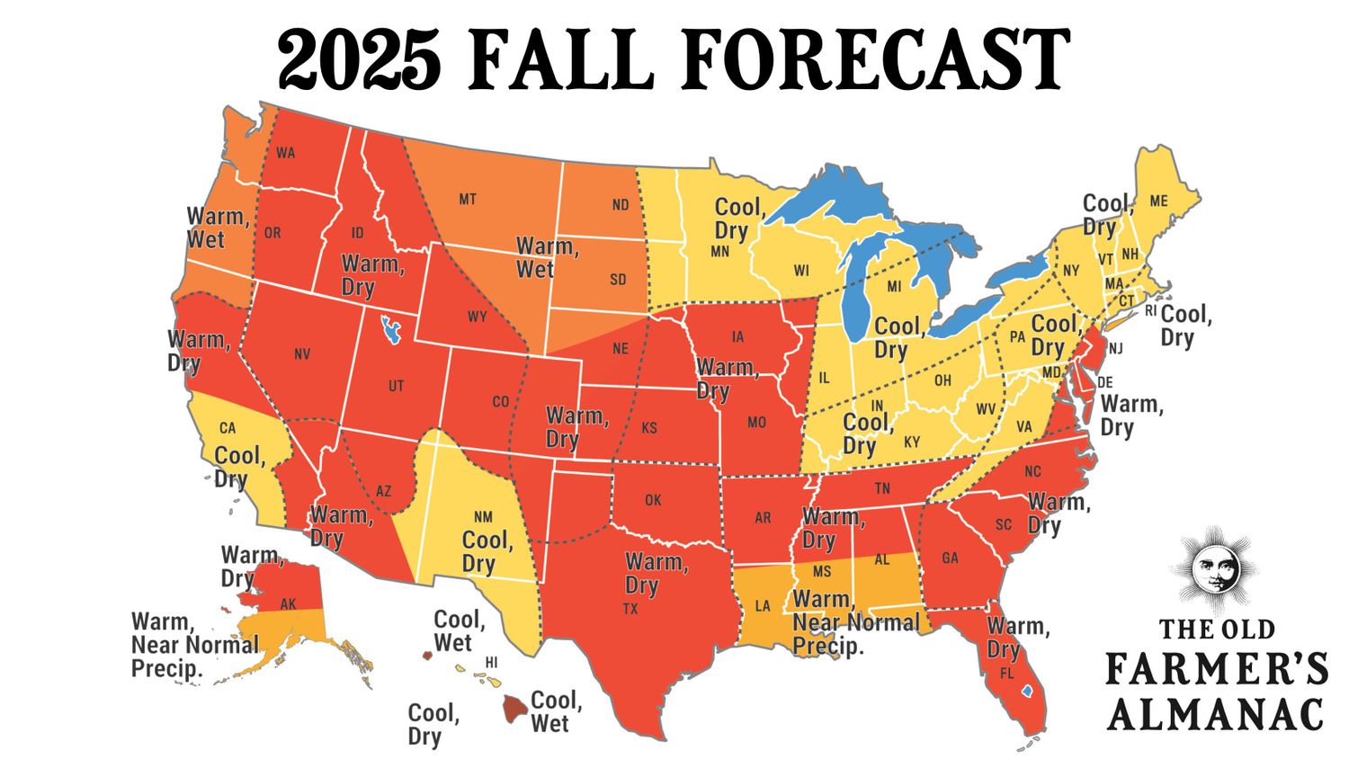 Map of the United States showing the 2025 Fall weather forecast by region