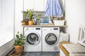 A laundry area with a washer and dryer plants and a folded blue shirt