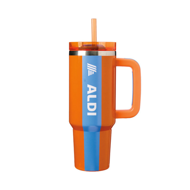 A large Aldithemed reusable tumbler with a handle and straw