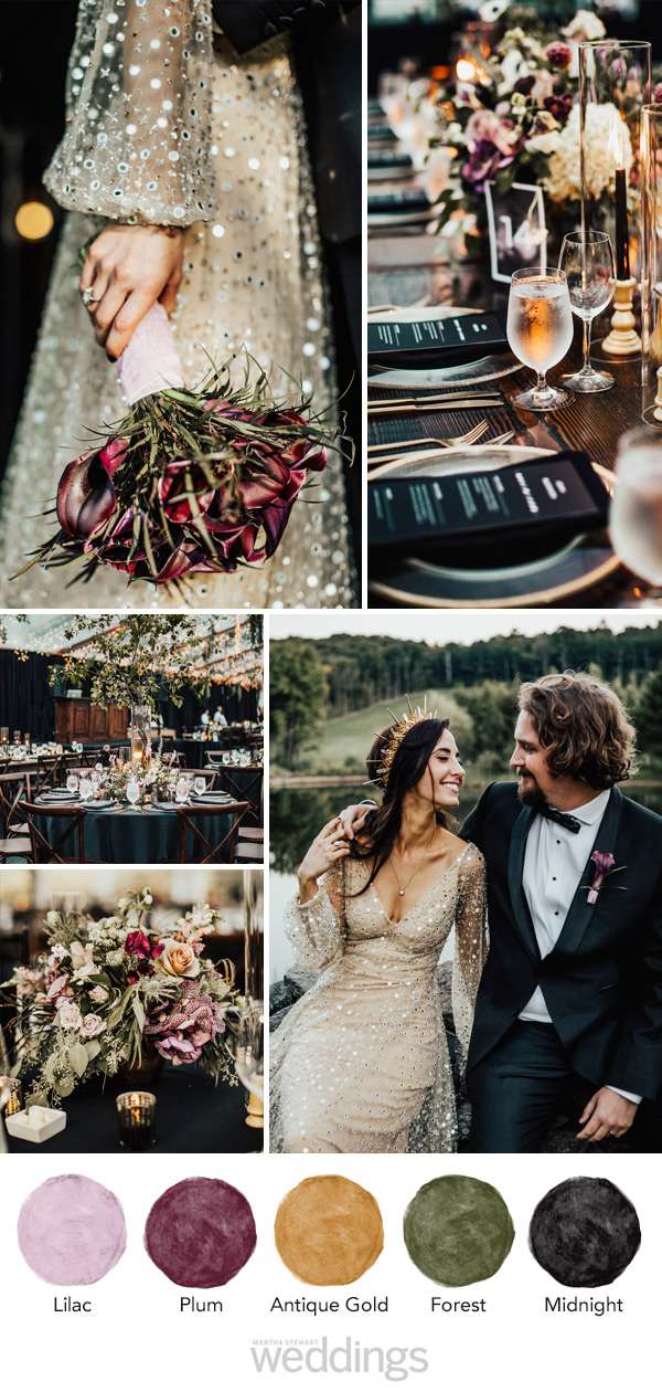 wedding color palette mood board lilac, plum, gold, forest, midnight