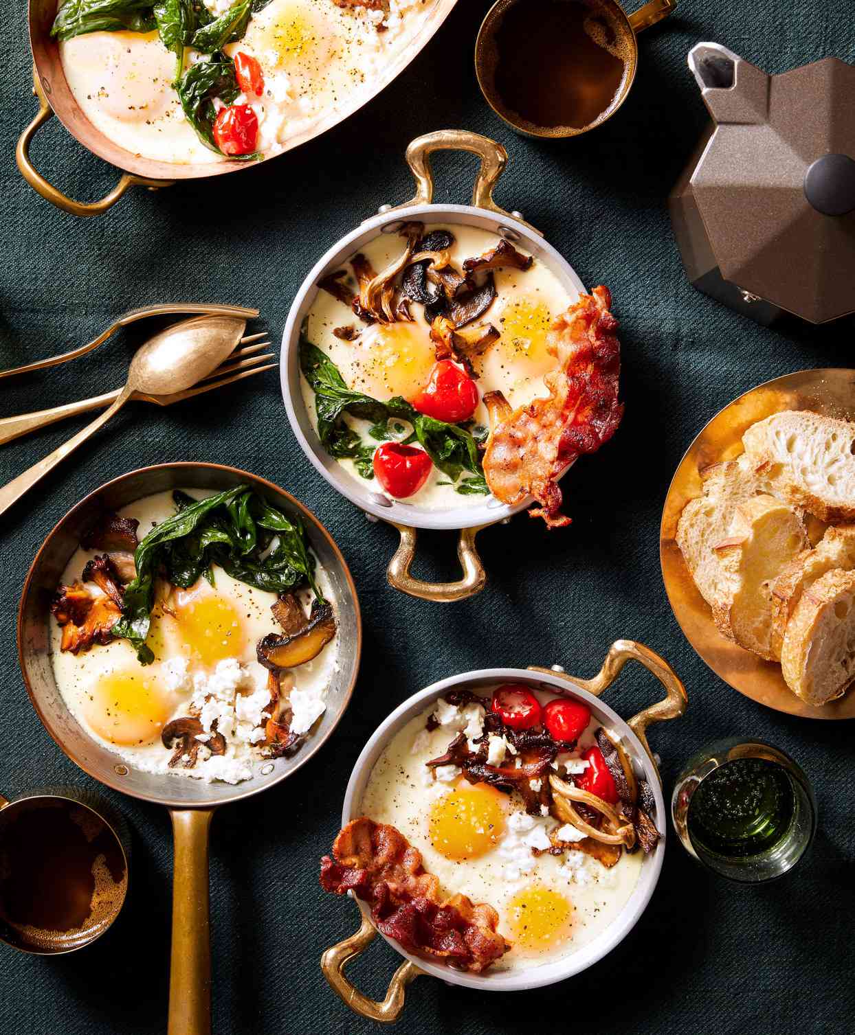 three variations of baked eggs in skillets