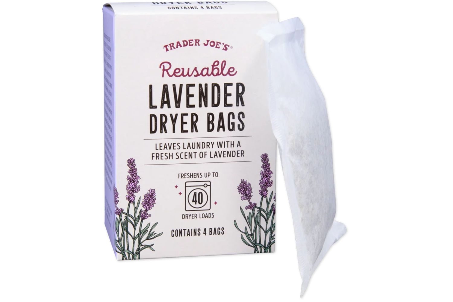 Trader Joes reusable lavender dryer bags packaging and one bag displayed