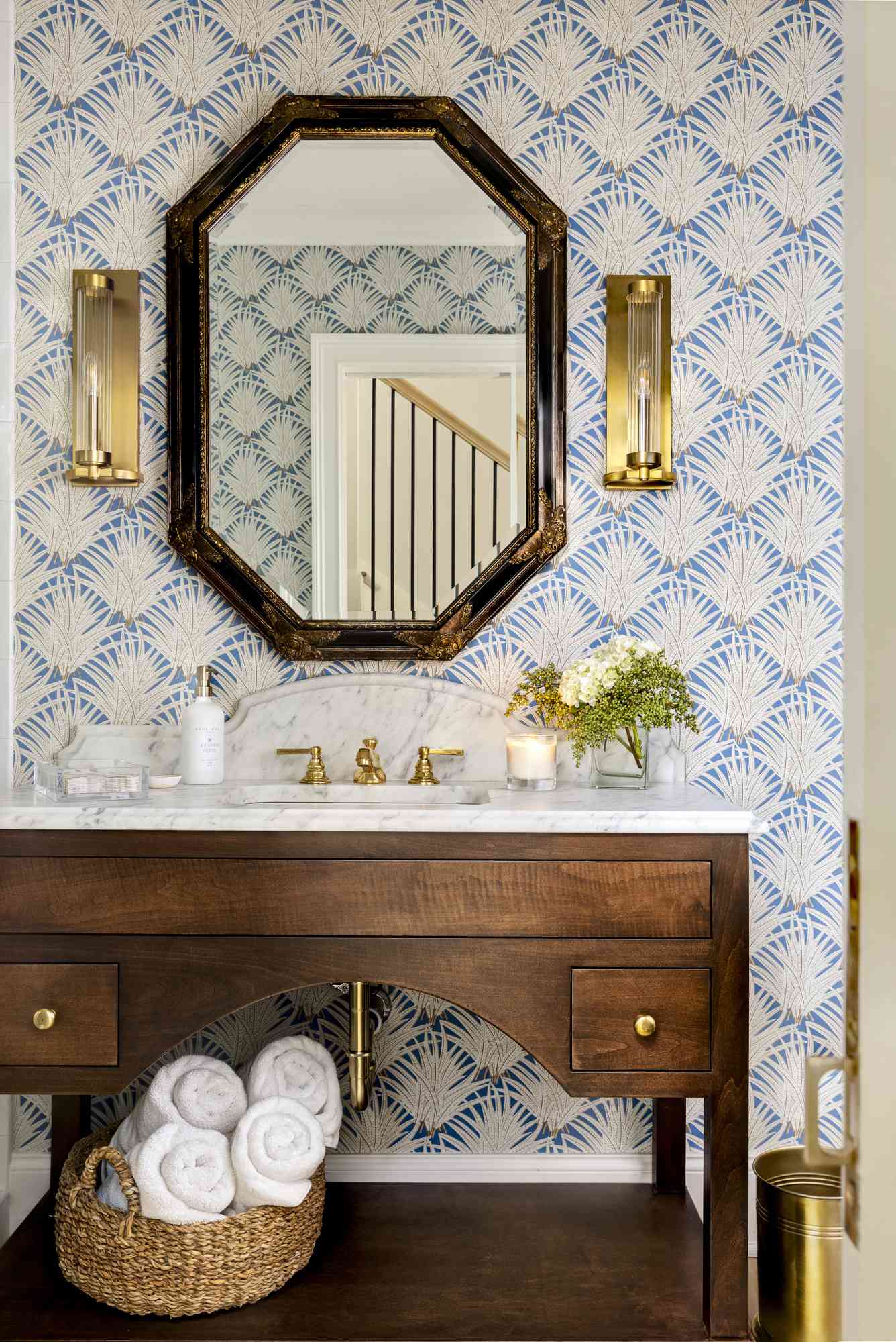 blue and brown powder room