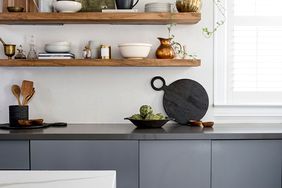Wooden floating shelves in kitchen