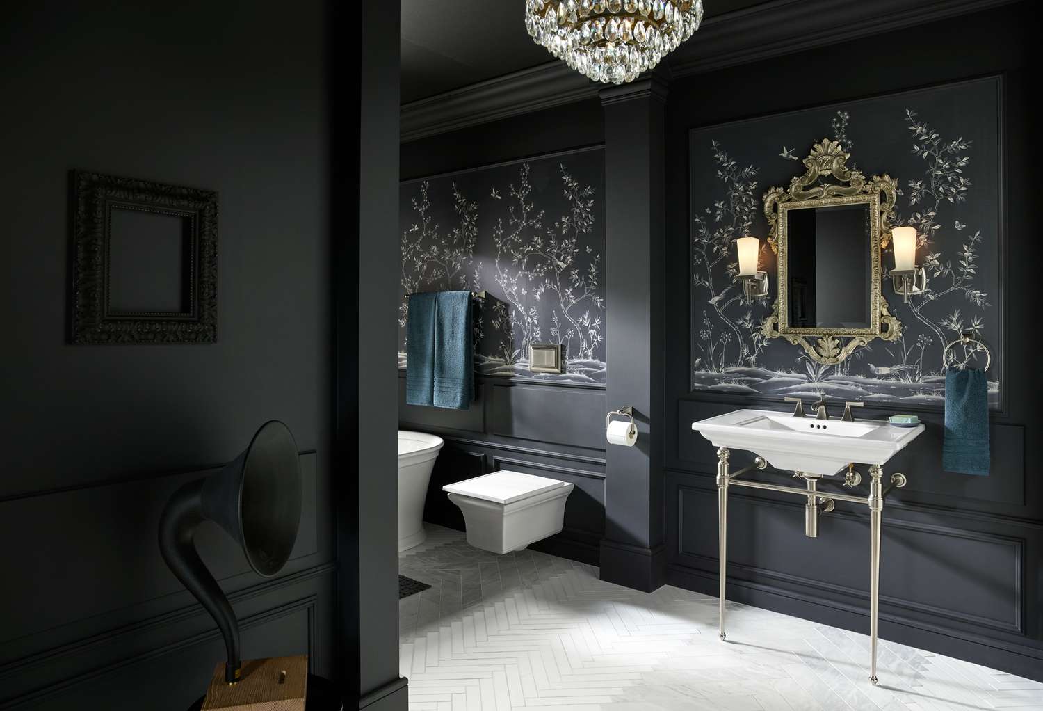 vanity trend white console in dark gray bathroom