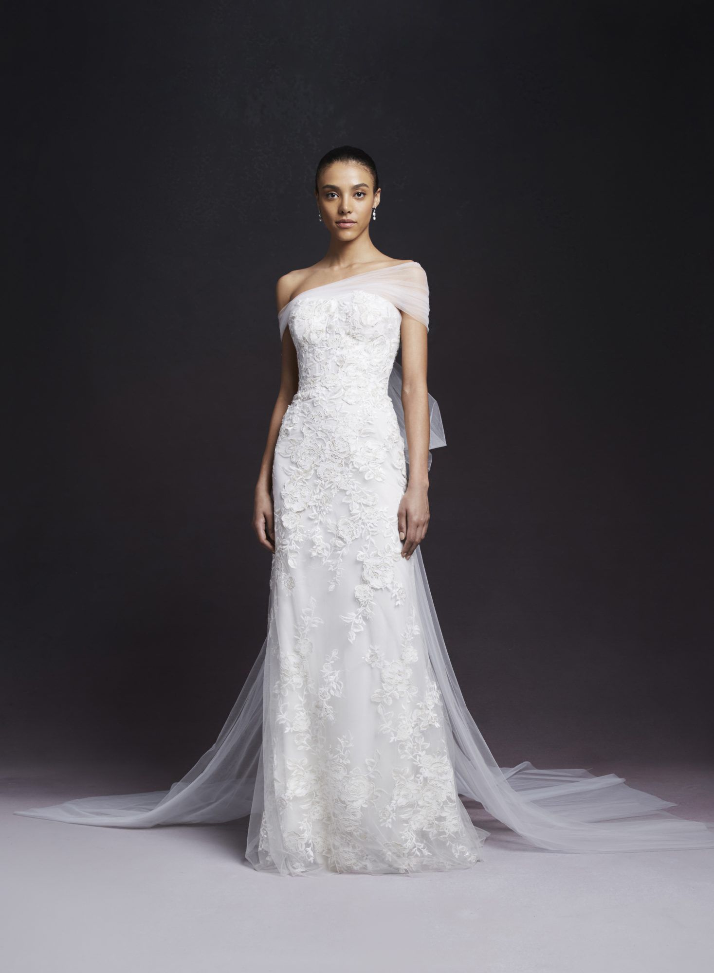 marchesa mckenna cape wedding dress with tulle and floral details