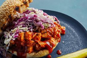 five-ingredient barbecue sauce on chopped barbecue-chicken sandwich