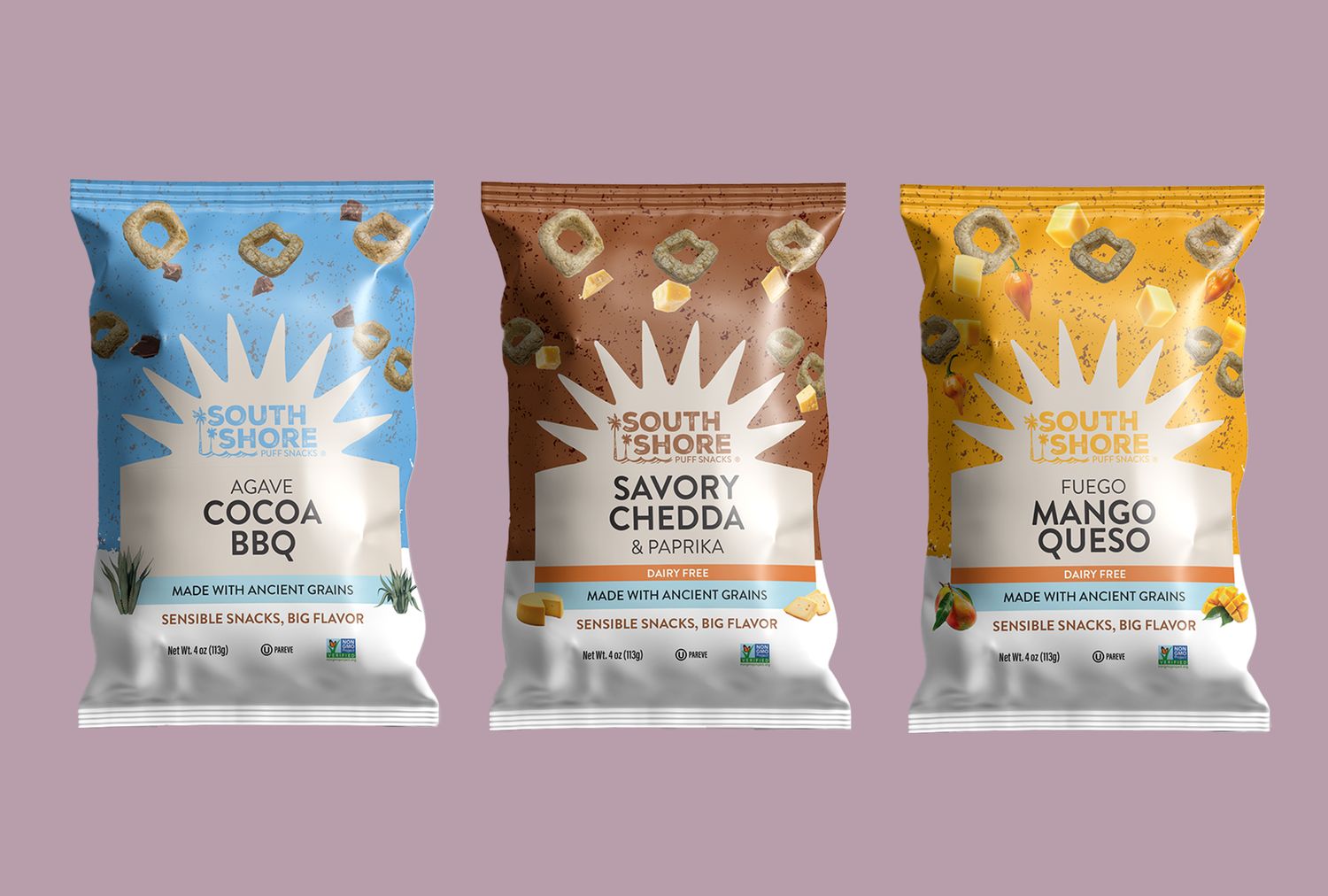 Three flavors of SouthShore chips Agave Cocoa BBQ Savory Chedda Paprika and Fuego Mango Queso