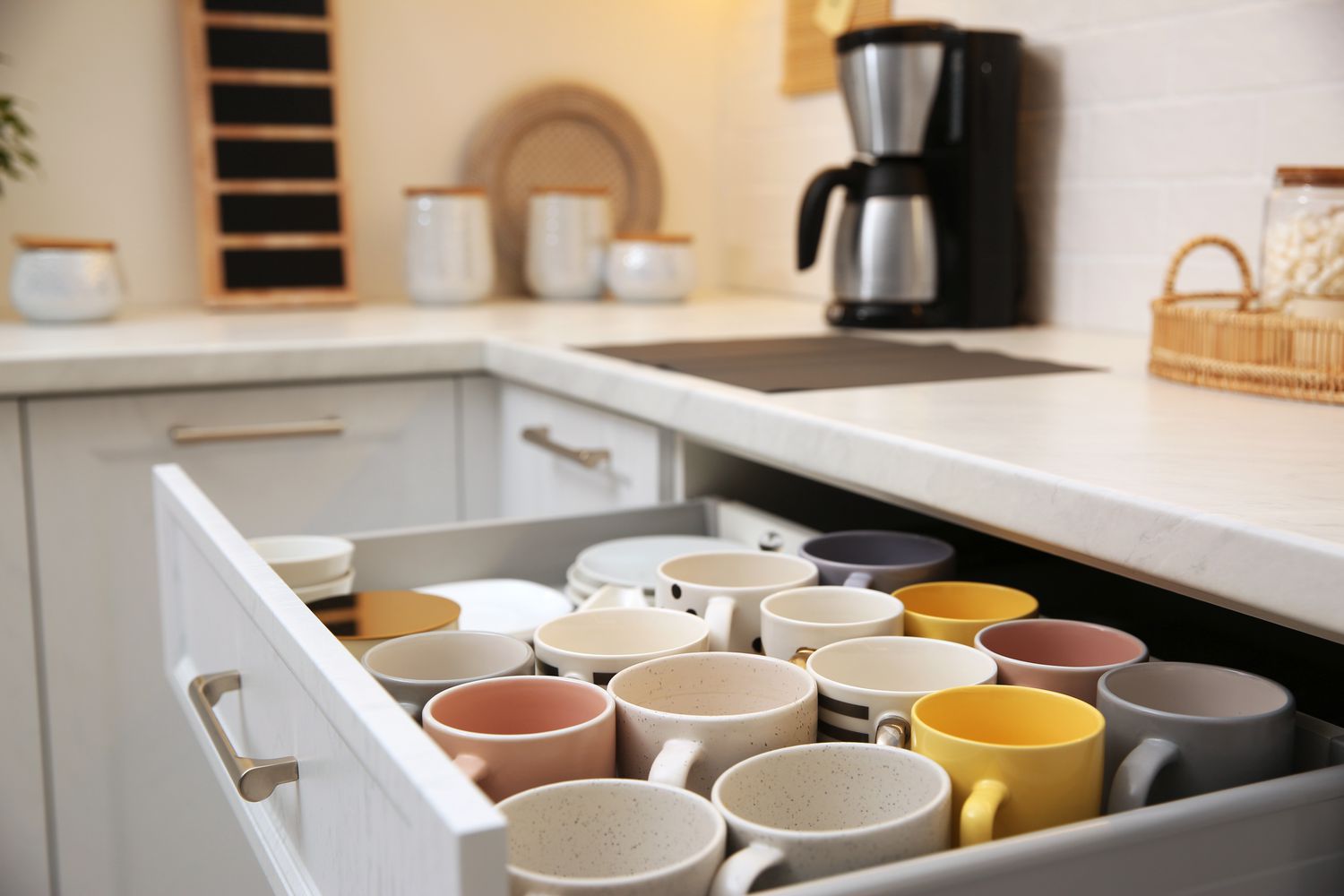 Open drawer with cups and coffeemaker on countertop in kitchen