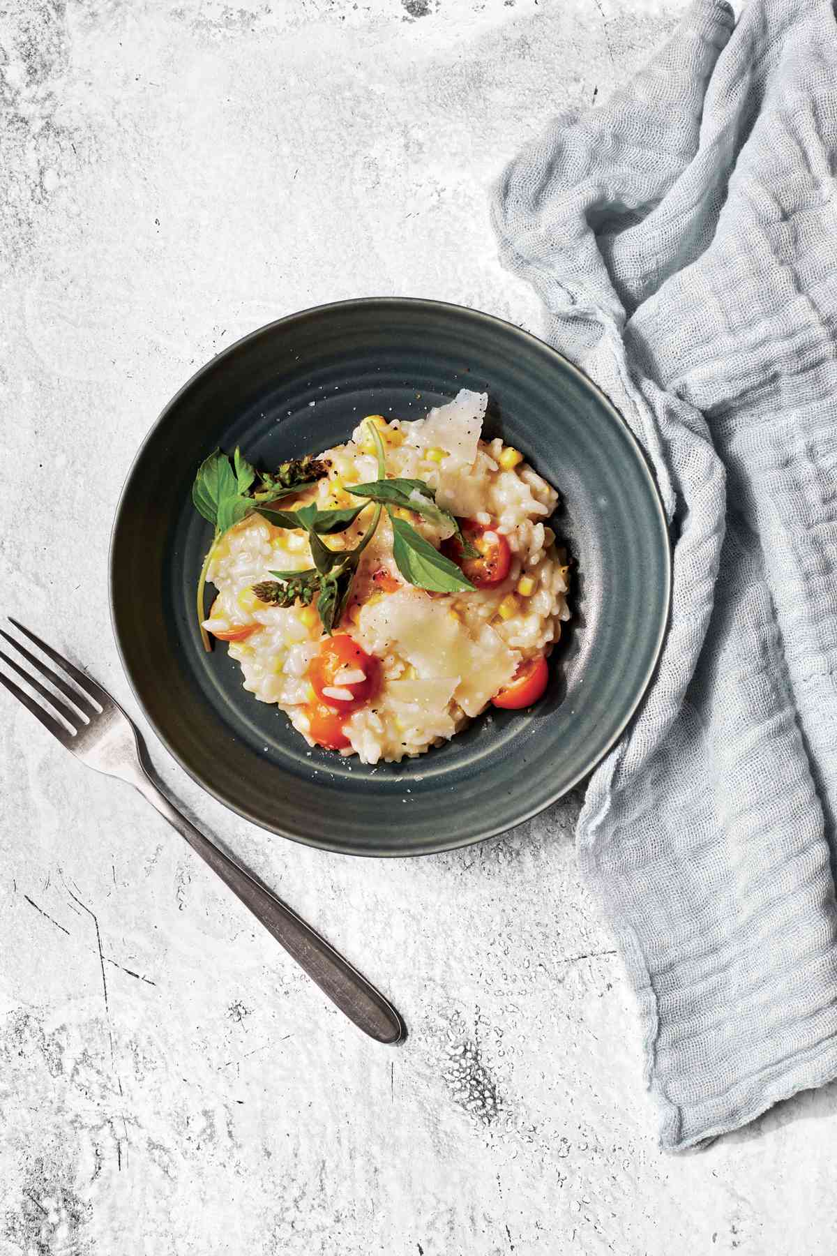 corn risotto with basil and tomato
