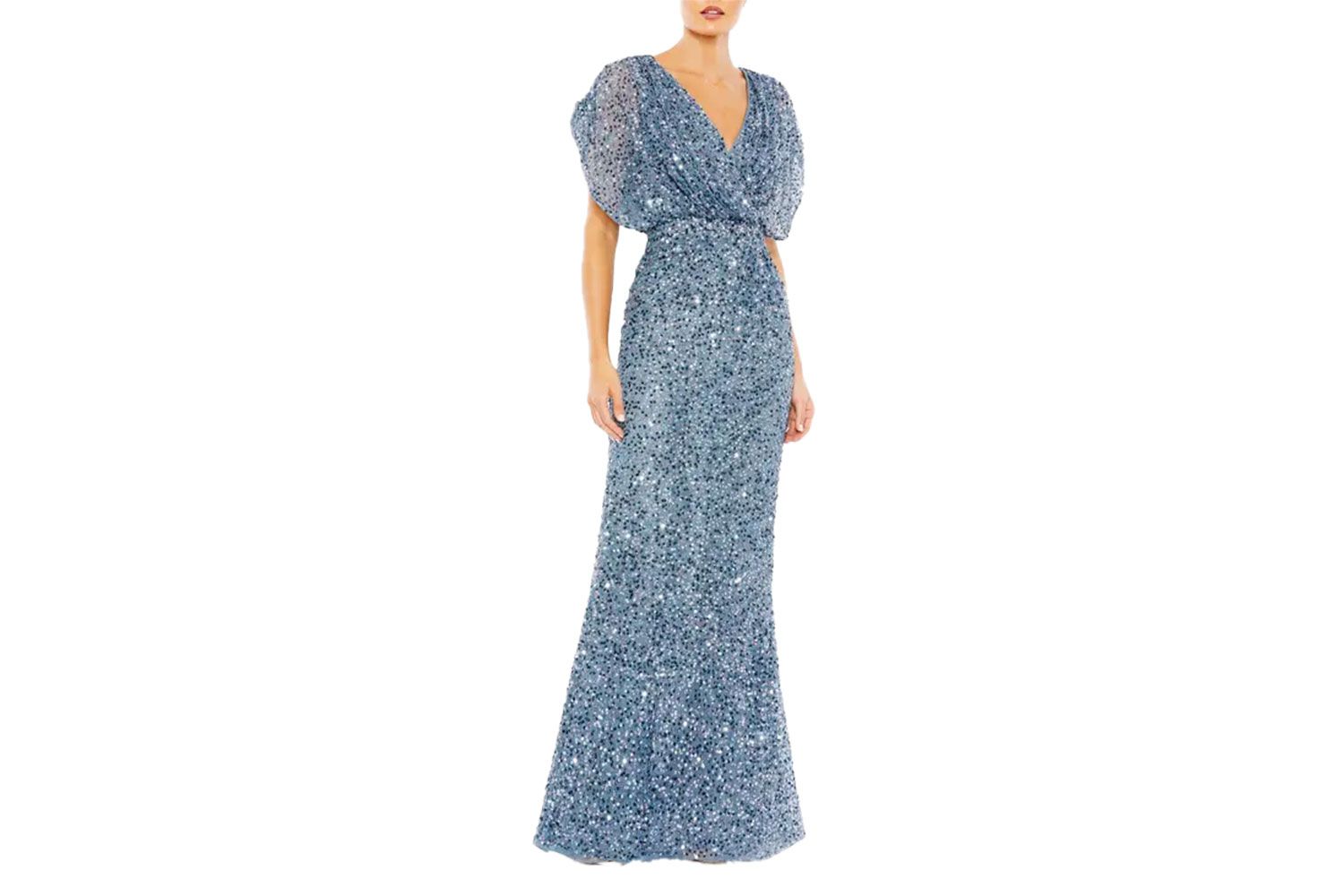 Sequin Draped Sleeve V-Neck Gown Mac Duggal